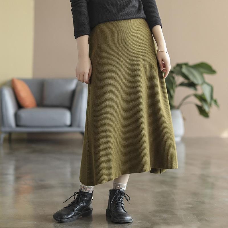 Spring Retro Solid Cotton Strikket A-line Skjørt