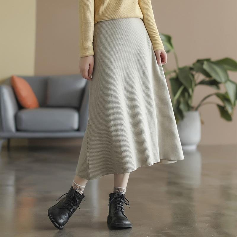 Spring Retro Solid Cotton Strikket A-line Skjørt