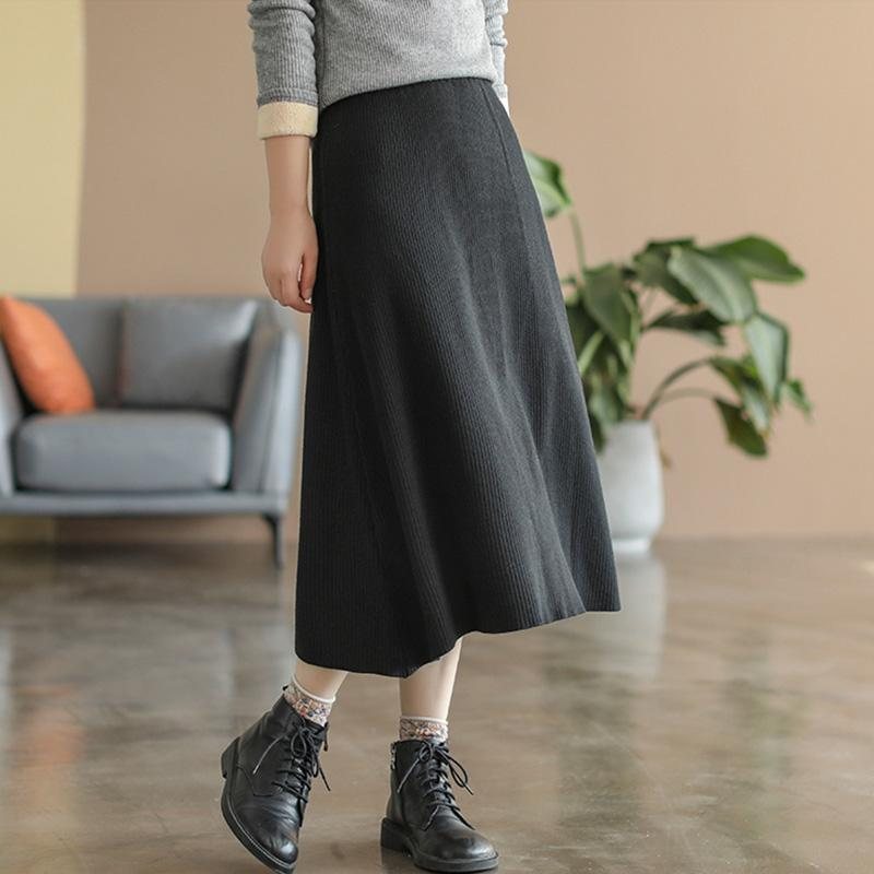 Spring Retro Solid Cotton Strikket A-line Skjørt