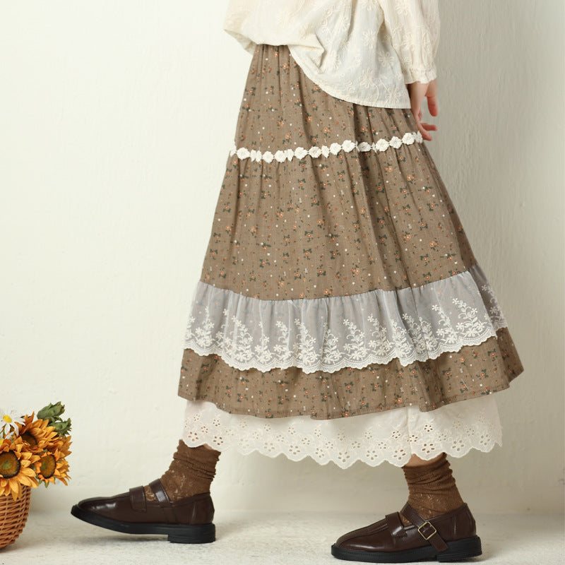 Summer Retro Blonde Trim Blomstert Bomull Linskjørt