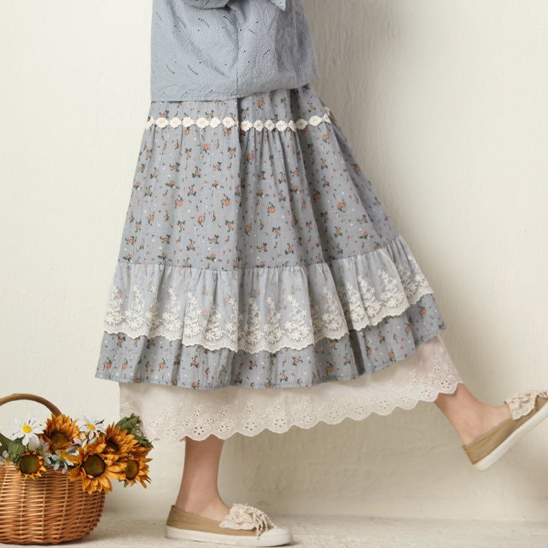 Summer Retro Blonde Trim Blomstert Bomull Linskjørt