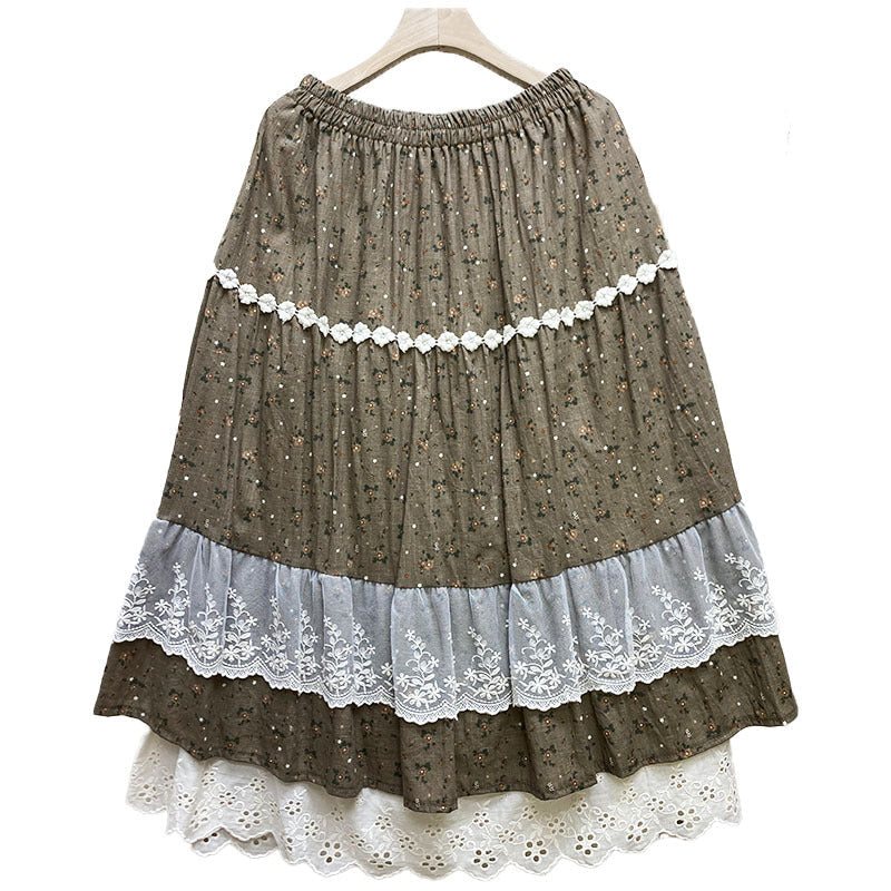 Summer Retro Blonde Trim Blomstert Bomull Linskjørt