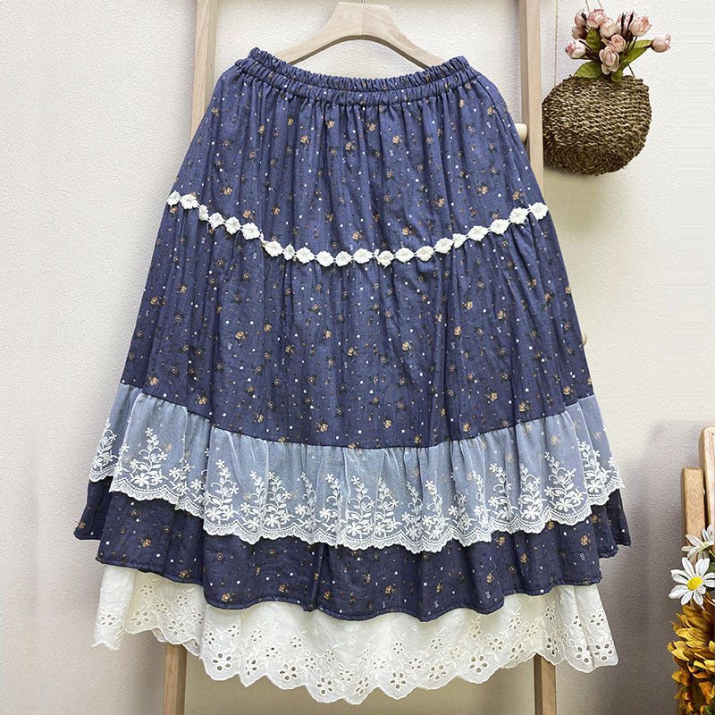 Summer Retro Blonde Trim Blomstert Bomull Linskjørt