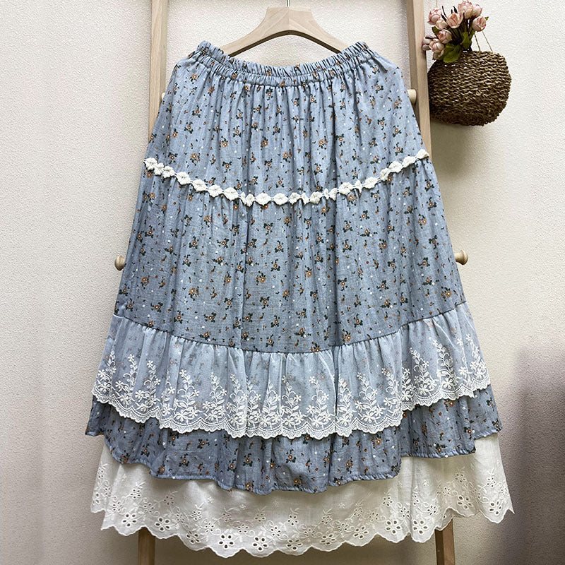 Summer Retro Blonde Trim Blomstert Bomull Linskjørt