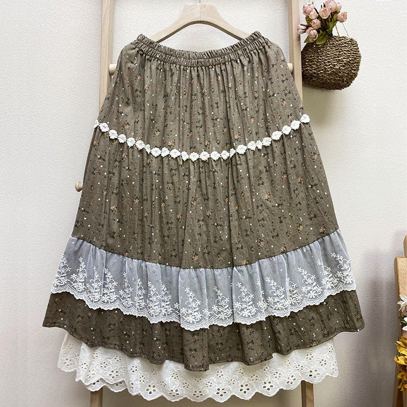 Summer Retro Blonde Trim Blomstert Bomull Linskjørt