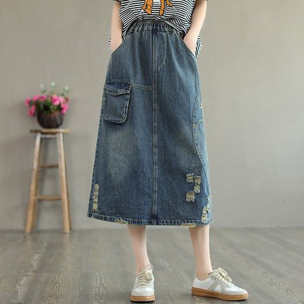 Summer Retro Brodery Ripped Cotton Denim-skjørt