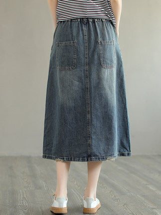 Summer Retro Brodery Ripped Cotton Denim-skjørt