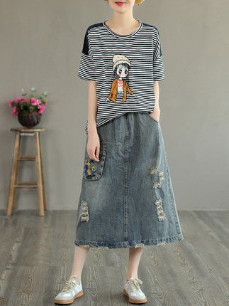 Summer Retro Brodery Ripped Cotton Denim-skjørt