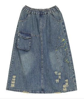Summer Retro Brodery Ripped Cotton Denim-skjørt