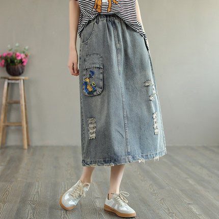 Summer Retro Brodery Ripped Cotton Denim-skjørt