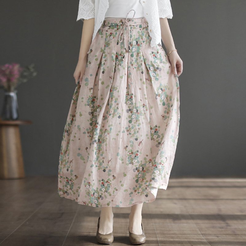 Summer Retro Linen Floral A-line Patchwork-skjørt