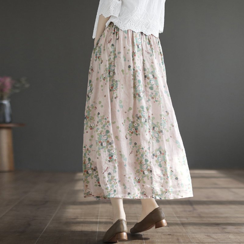 Summer Retro Linen Floral A-line Patchwork-skjørt