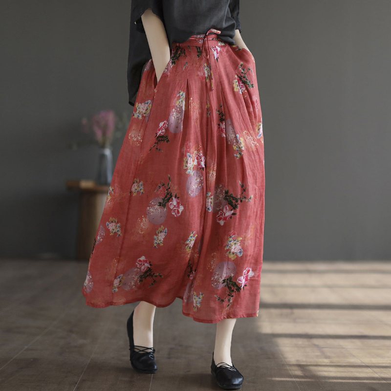 Summer Retro Linen Floral A-line Patchwork-skjørt