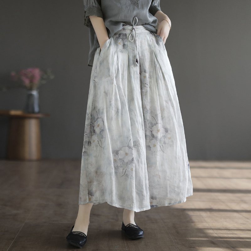 Summer Retro Linen Floral A-line Patchwork-skjørt