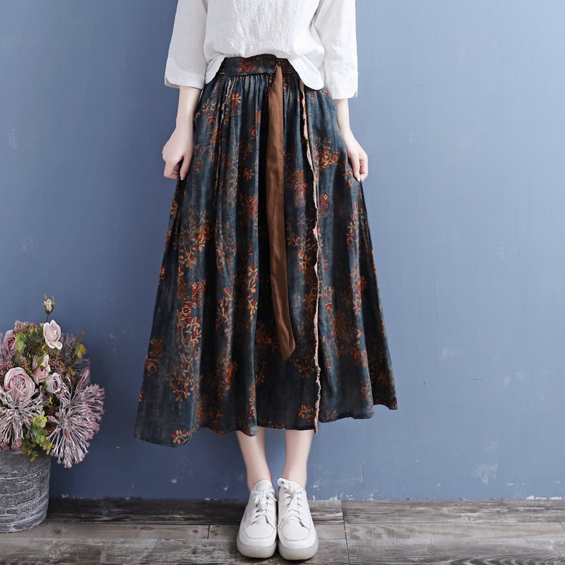 Summer Vintage Bomull Lin Blomsterskjørt