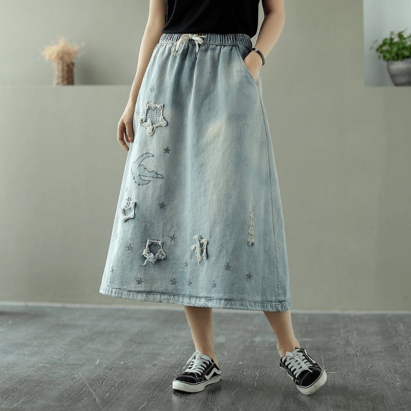 Vår Og Sommer Uformelt Vill Langt Løst Denimskjørt