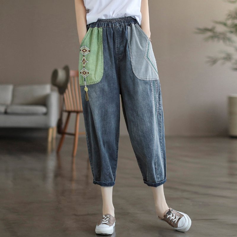 Dame Sommer Retro Patchwork Bomull Jeans