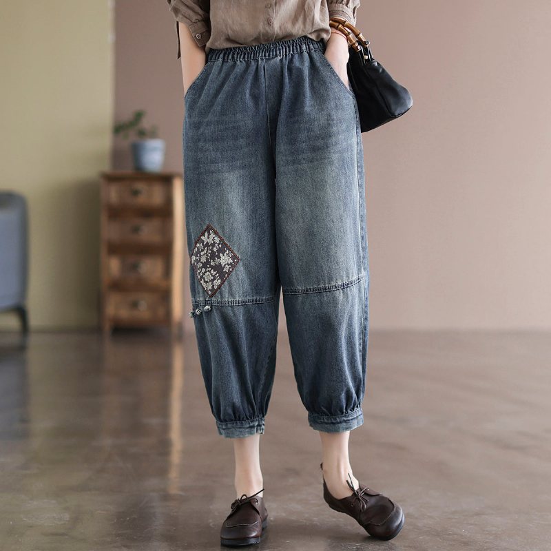 Dame Våren Retro Broderi Løs Bomull Jeans