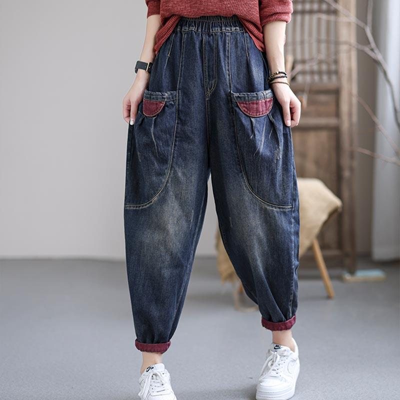 Høst Plus Size Navy Retro Casual Denimbukser I Bomull