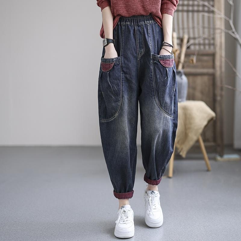 Høst Plus Size Navy Retro Casual Denimbukser I Bomull