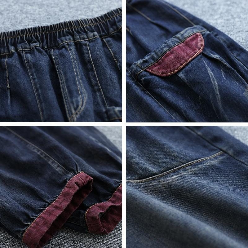 Høst Plus Size Navy Retro Casual Denimbukser I Bomull