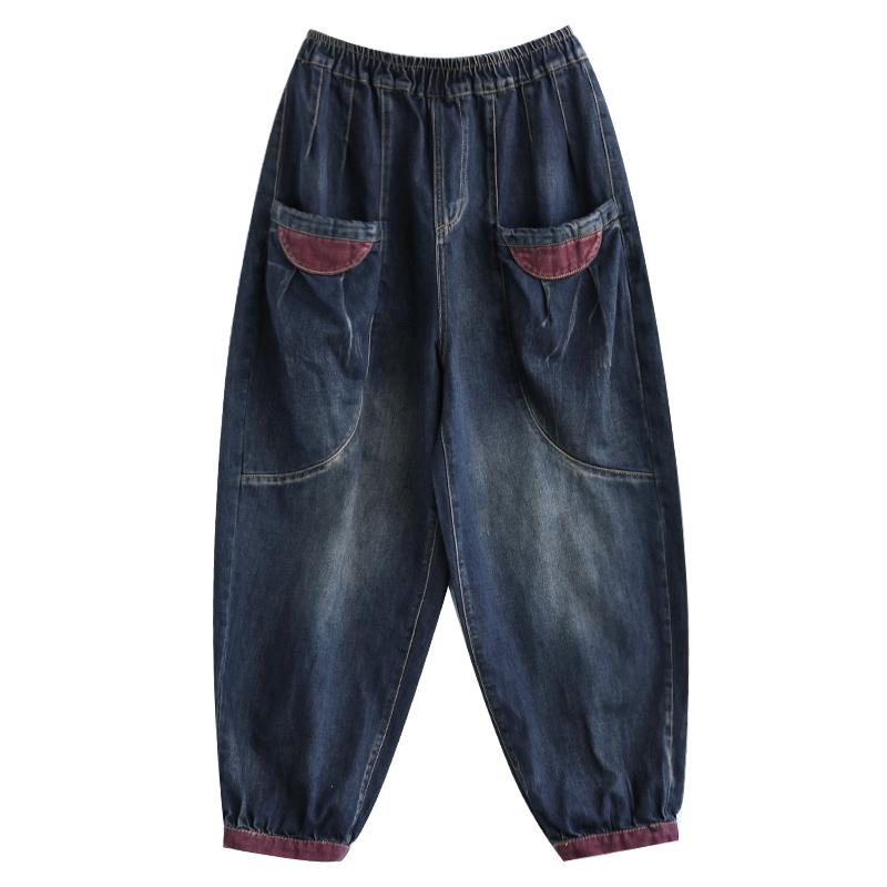 Høst Plus Size Navy Retro Casual Denimbukser I Bomull