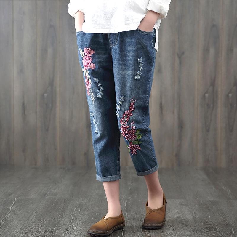 Kinesisk Stil Broderi Etnisk Løse Retro Denimbukser