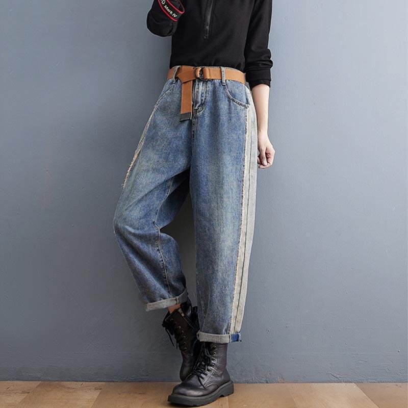 Plus Size Høst Vinter Patchwork Løse Denimbukser