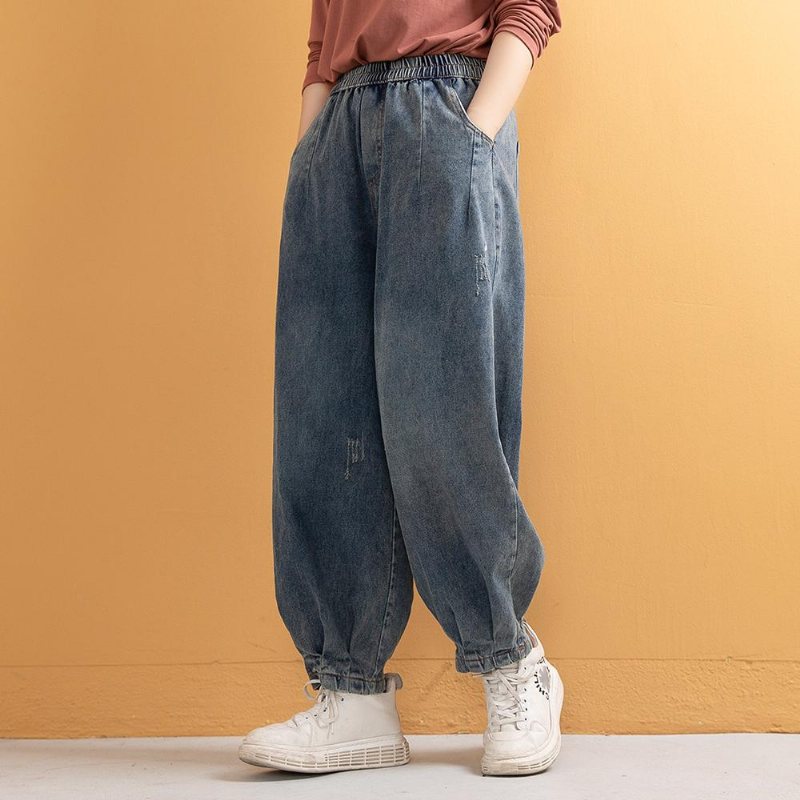 Plus Size Retro Harem Casual Denimbukser I Bomull