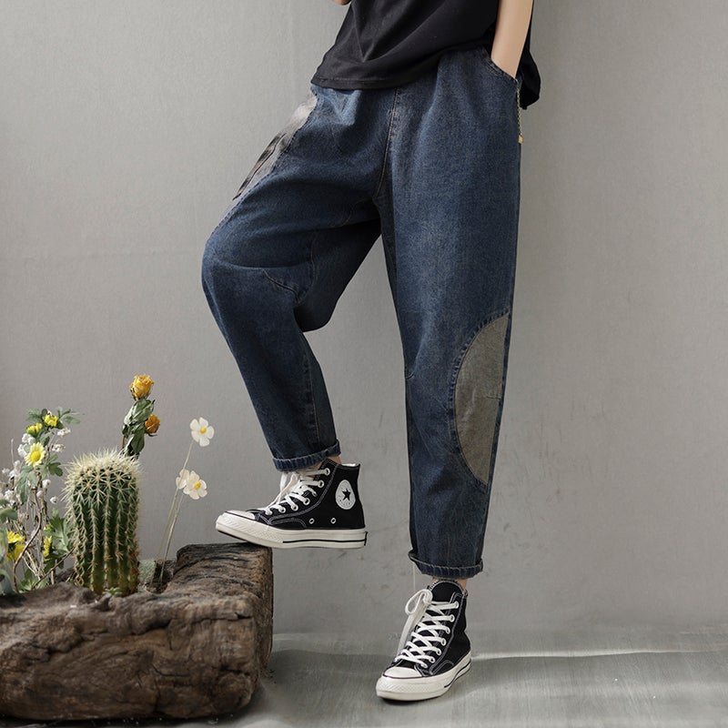 Vår Retro Patchwork Bomull Dame Casual Jeans