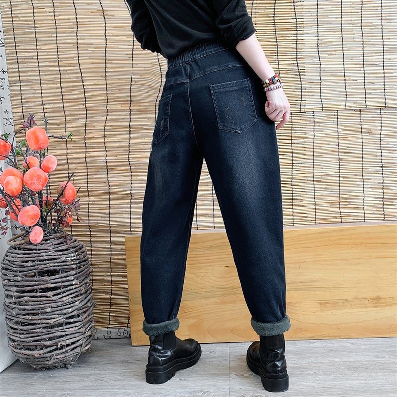 Vinter Dame Plysj Retro Broderi Casual Jeans