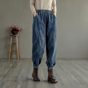 Vinter Retro Pels Tykk Casual Harem Jeans I Bomull