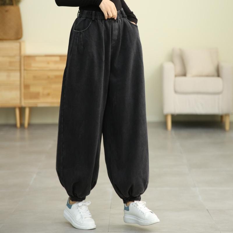 Vinter Retro Plysj Bloomers Løse Bomullsjeans