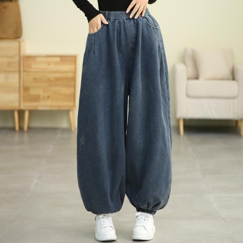 Vinter Retro Plysj Bloomers Løse Bomullsjeans