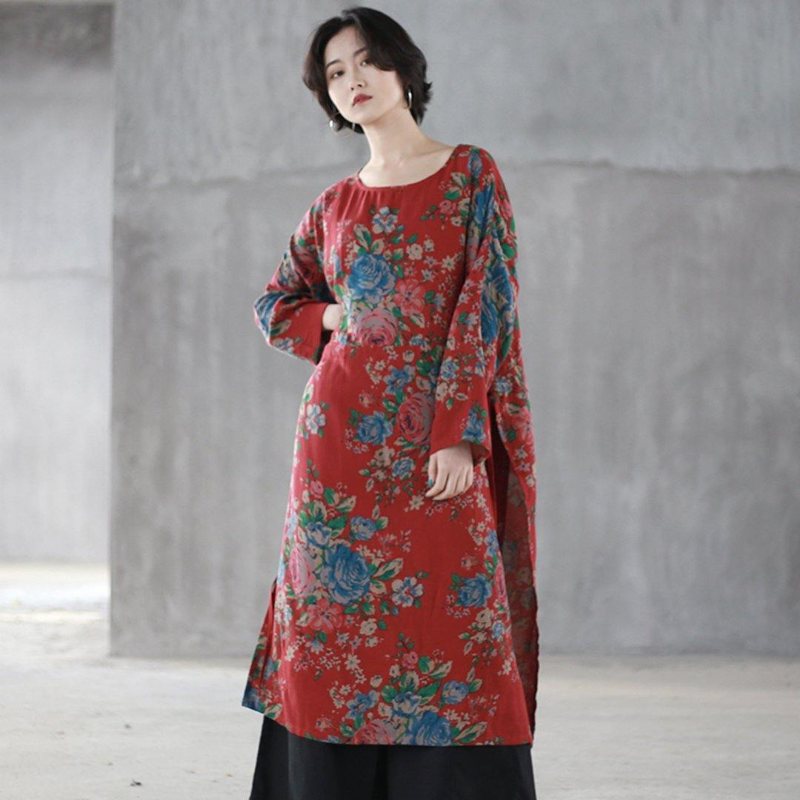 Blomstret Snøring Belte Slit Dress