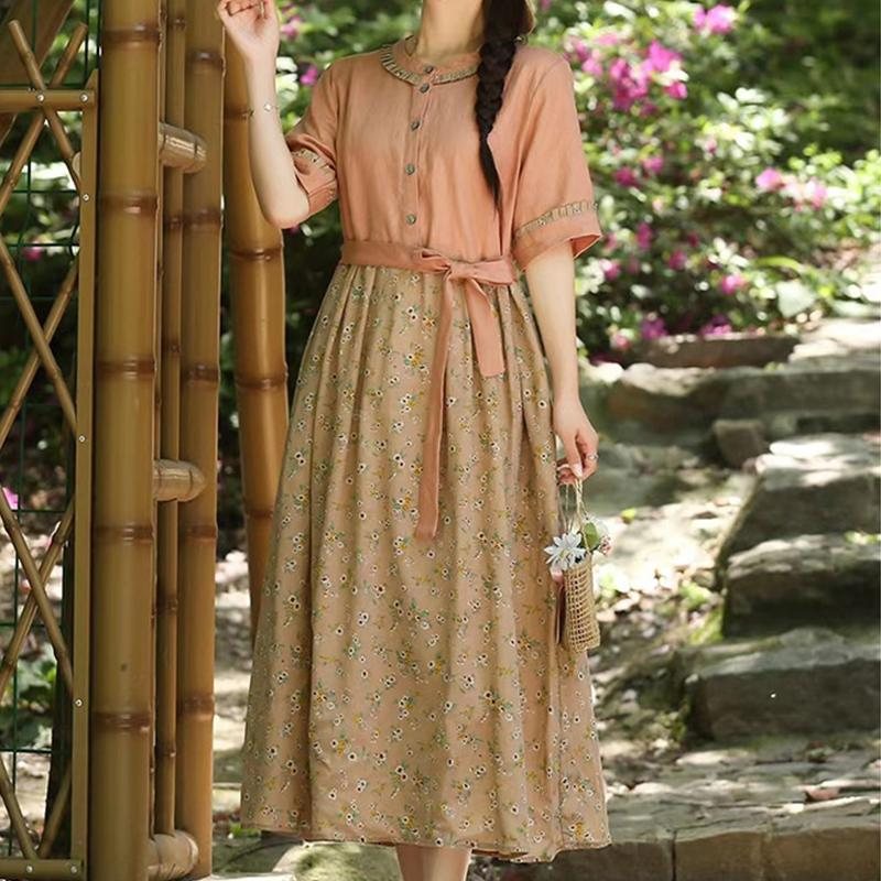 Bomull Lin Summer Floral Patchwork Kjole