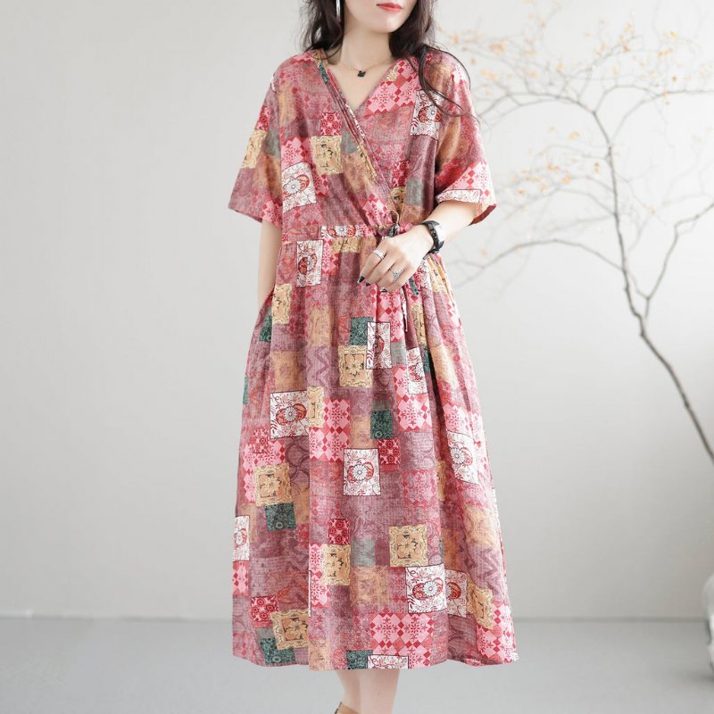 Casual Løs Retro Patchwork Sommerkjole I Bomull