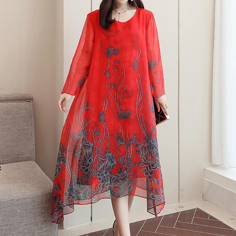 Dame Asymmetrisk Floral Midi Langermet Kjole