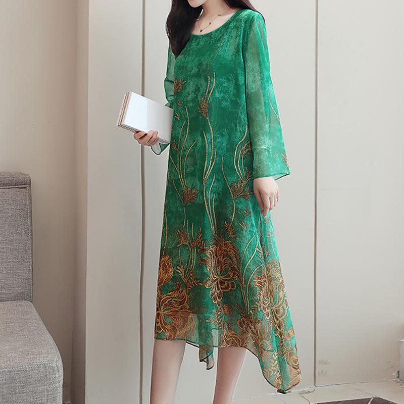 Dame Asymmetrisk Floral Midi Langermet Kjole