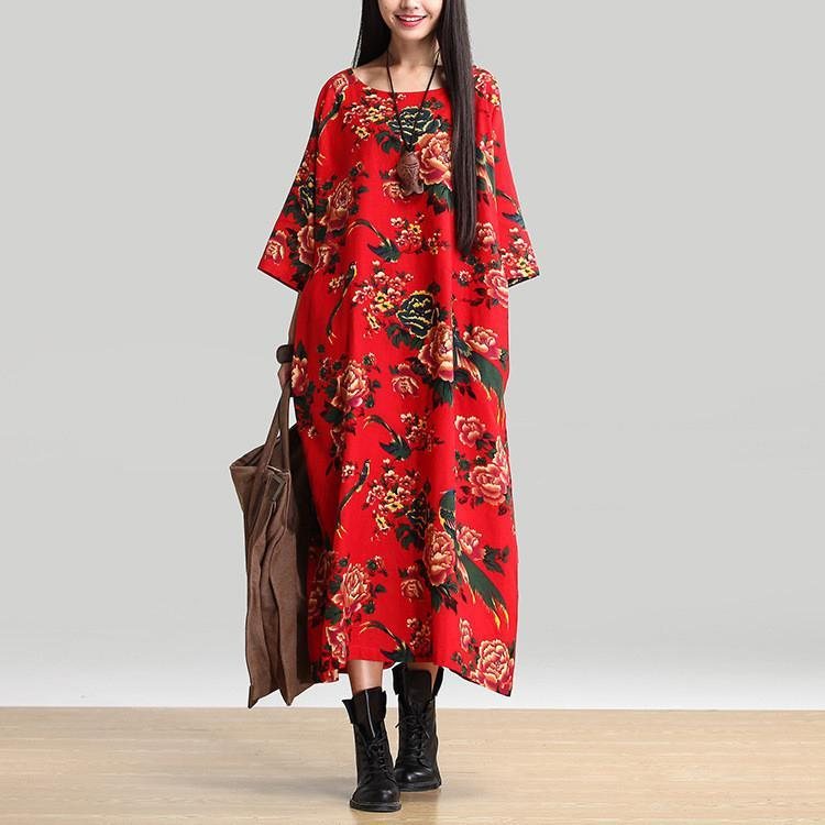Dame Bomull Lin Løs Casual Fitting Maxi Dress