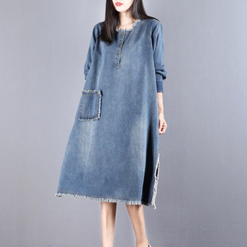 Dame Denim Casual Burr Løs Langermet Kjole