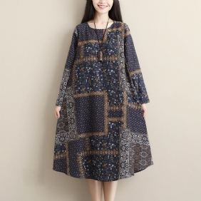Dame Retro Printed Spring Høst Lin Midi Dress