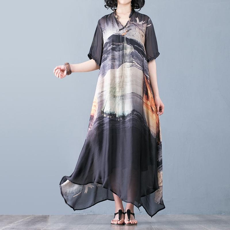 Elegant V-hals Vintage A-line Kortermet Kjole Med Trykk