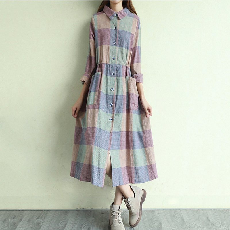 Gingham Cotton Lin Casual Løs Langermet Kjole