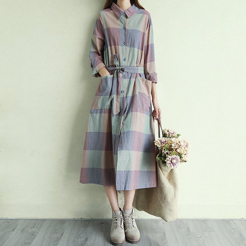 Gingham Cotton Lin Casual Løs Langermet Kjole
