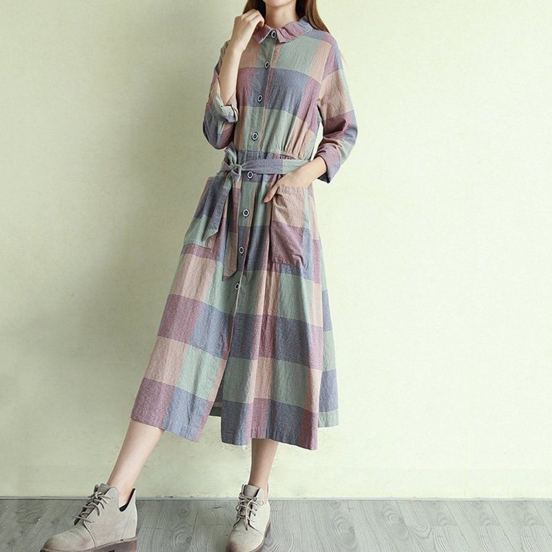 Gingham Cotton Lin Casual Løs Langermet Kjole