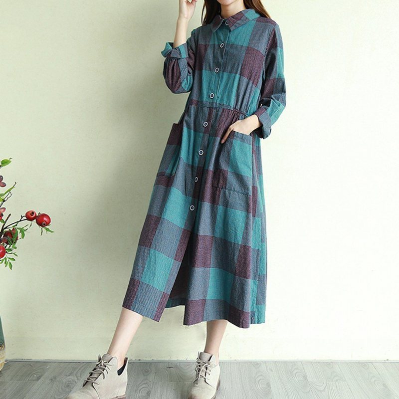 Gingham Cotton Lin Casual Løs Langermet Kjole