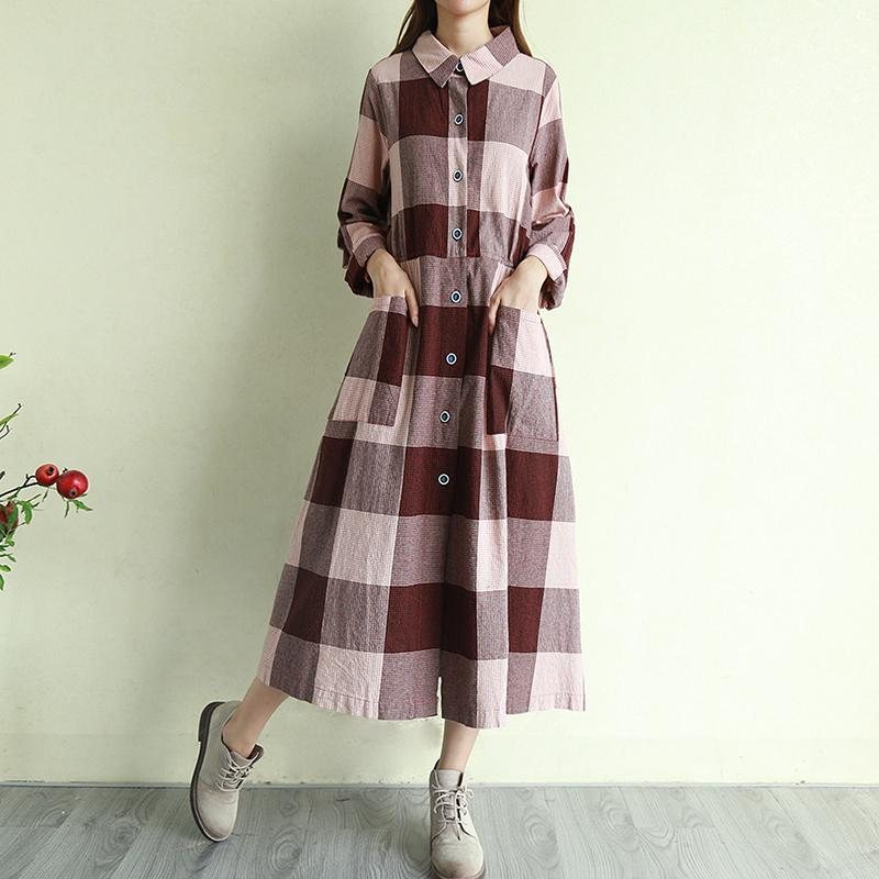 Gingham Cotton Lin Casual Løs Langermet Kjole