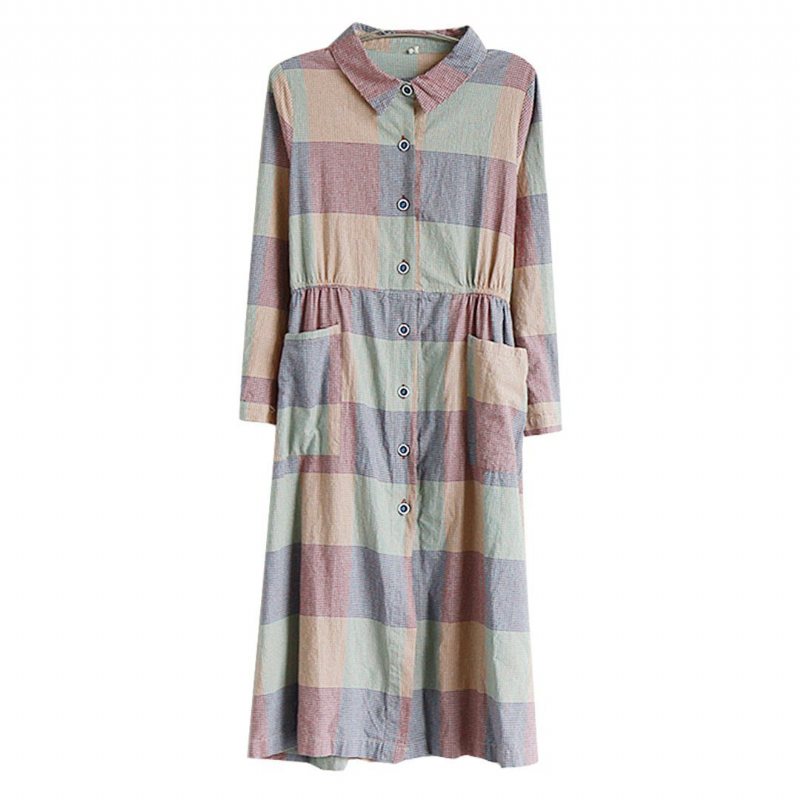 Gingham Cotton Lin Casual Løs Langermet Kjole