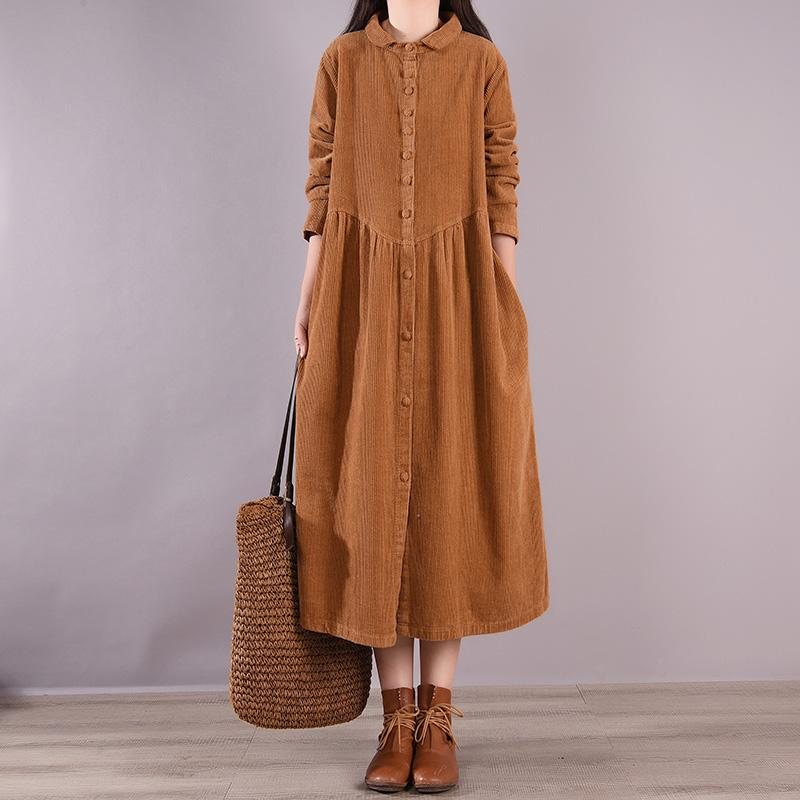 Høst Solid Retro Corduroy Løs Kjole